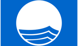 Logo de bandera Azul representada con fondo azul y esferas blancas con olas de mar