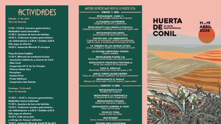 Programa completo de la XV Ruta Gastronómica Huerta de Conil 2026, del 11 al 19 de abril — actividades, restaurantes participantes y cartel ilustrado