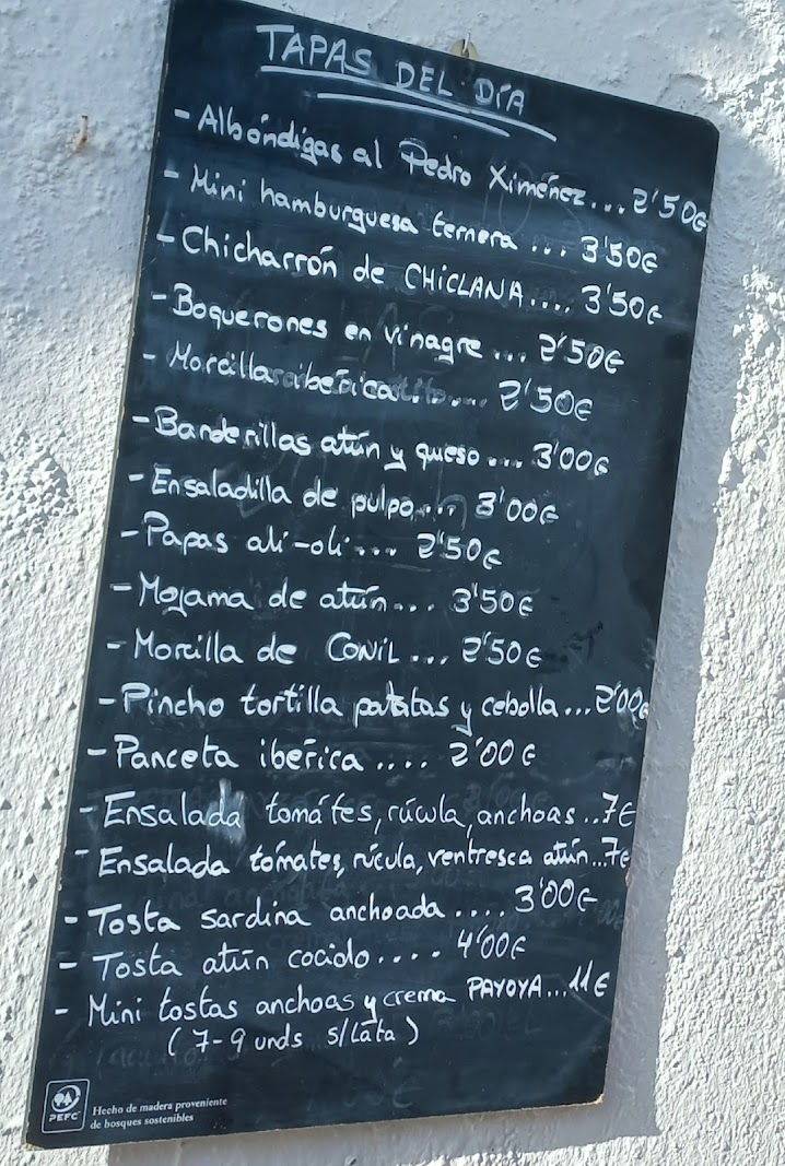Pizarra de tapas del día en La Tabernita, Conil